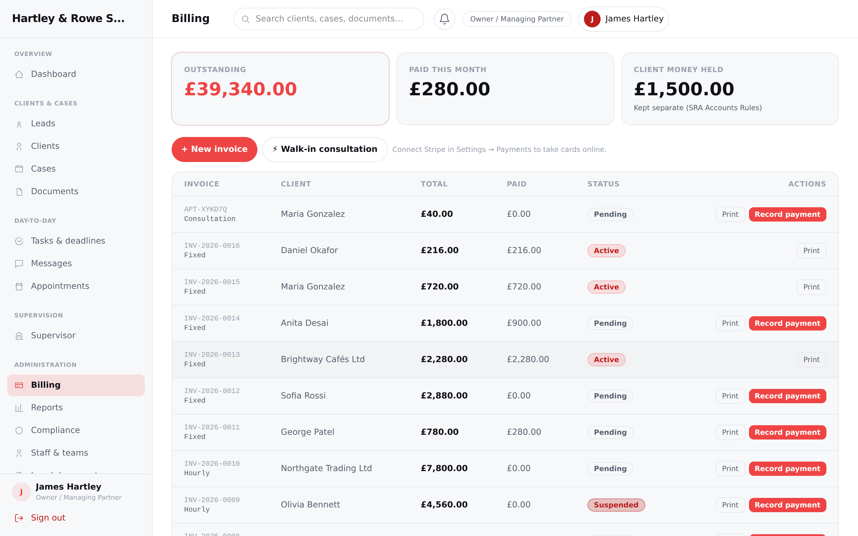 Fees, invoices, client money